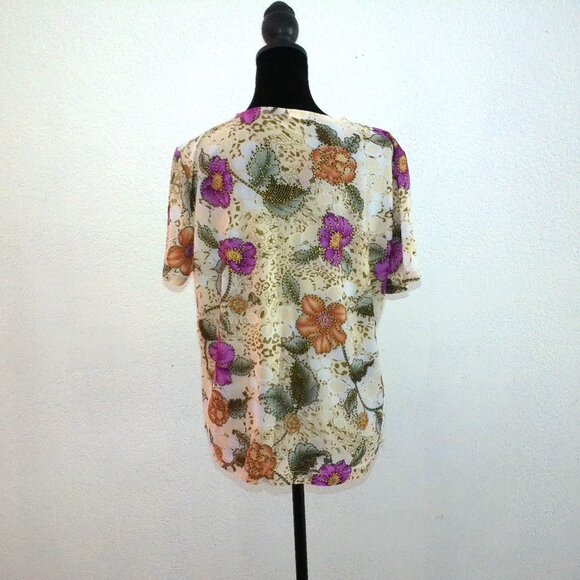 Purple/orange/beige shiny floral T-shirt, with golden glitters details - Picture 6 of 7